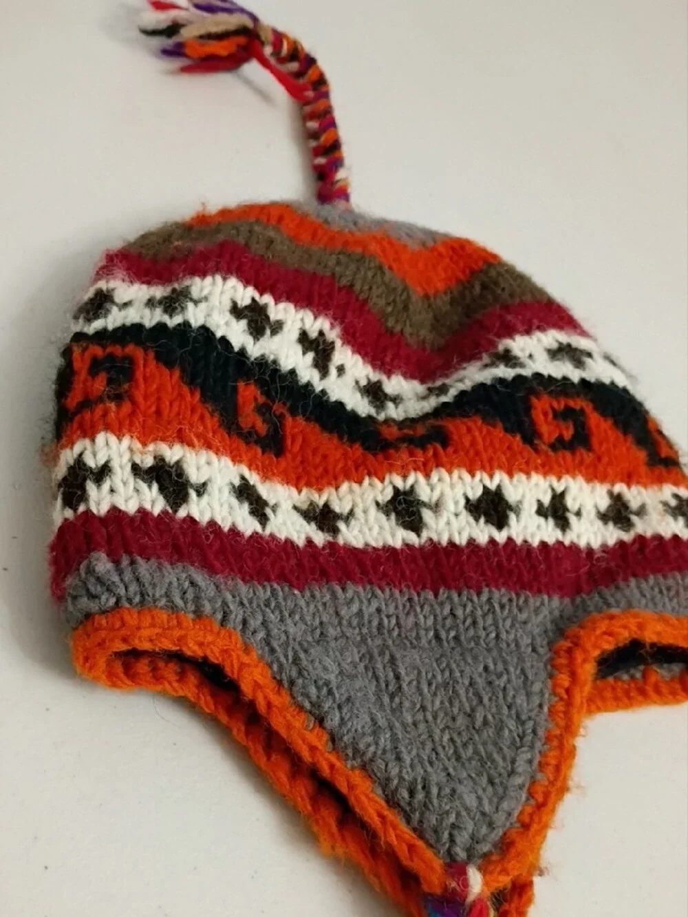 Kids Knit Earflap Hat with Braided Tassels — Gray & Orange